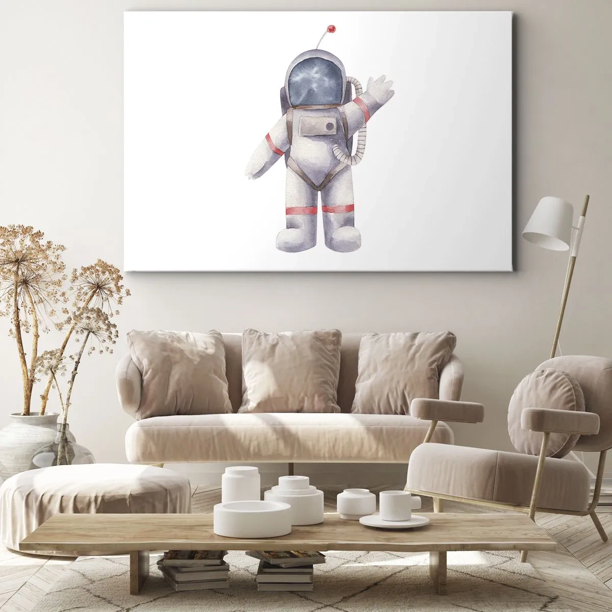 Bild auf Leinwand - Leinwandbild - Astronaut im Aquarellstil auf weißem Hintergrund - 120x80cm - Bis dann! - Moderne Wanddekoration für Wohnzimmer und Schlafzimmer ARTTOR