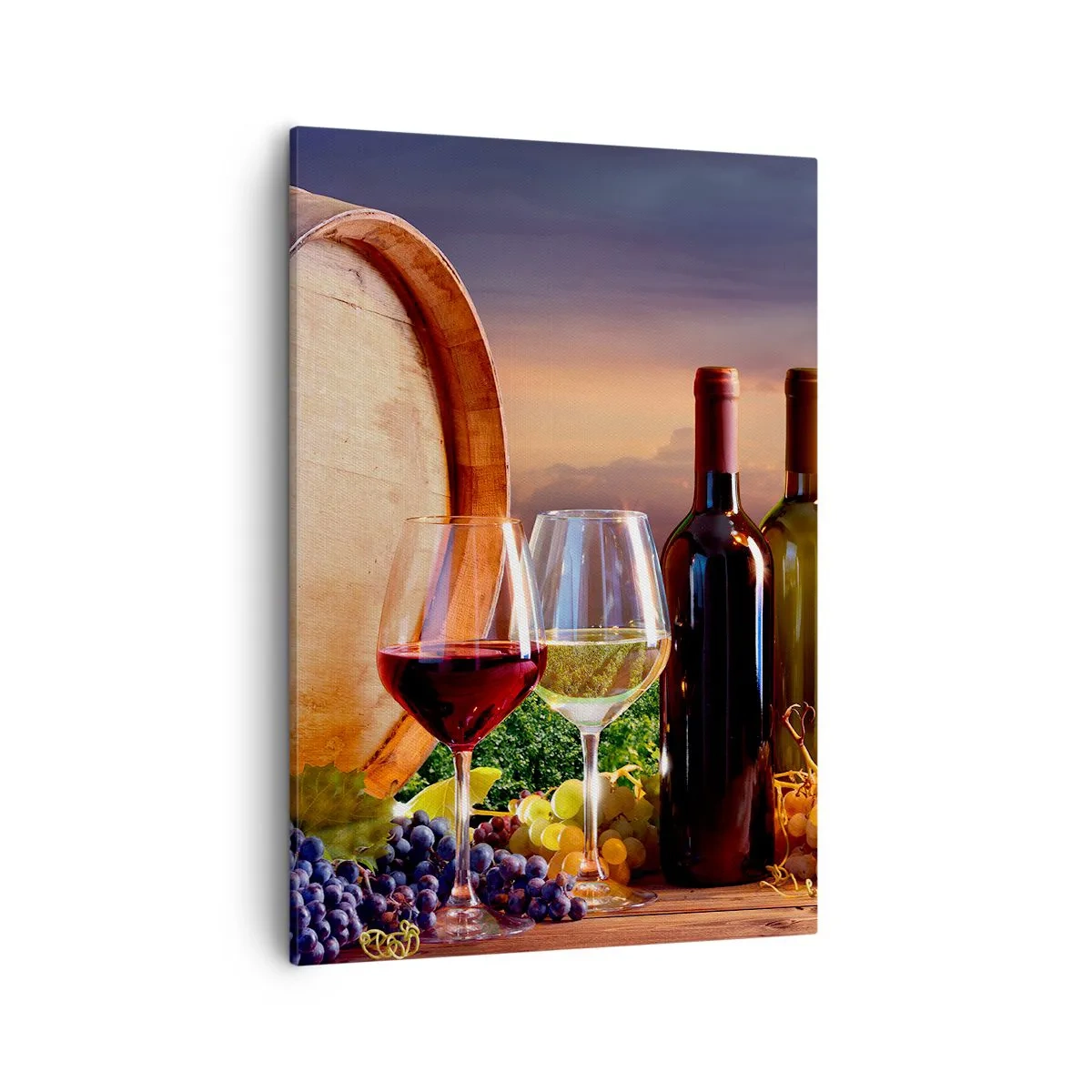 Bild auf Leinwand - Leinwandbild - Wein, Gläser und ein Fass in einer malerischen Landschaft - 50x70cm - Hier schmeckt das Leben - Moderne Wanddekoration für Wohnzimmer und Schlafzimmer ARTTOR