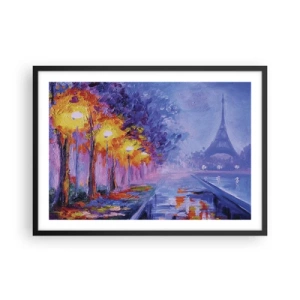Poster in einem schwarzem Rahmen - Eine Allee mit Lampen in Paris mit dem Eiffelturm im Hintergrund - 70x50cm - Ein Traumspaziergang - Moderne Wanddekoration für Wohnzimmer und Schlafzimmer ARTTOR