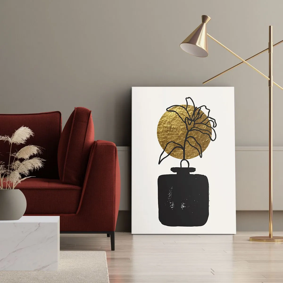 Bild auf Leinwand - Leinwandbild - Eine Zeichnung einer Blume in einer Vase vor einem goldenen Kreishintergrund - 50x70cm - Schönheit ist Gold wert - Moderne Wanddekoration für Wohnzimmer und Schlafzimmer ARTTOR