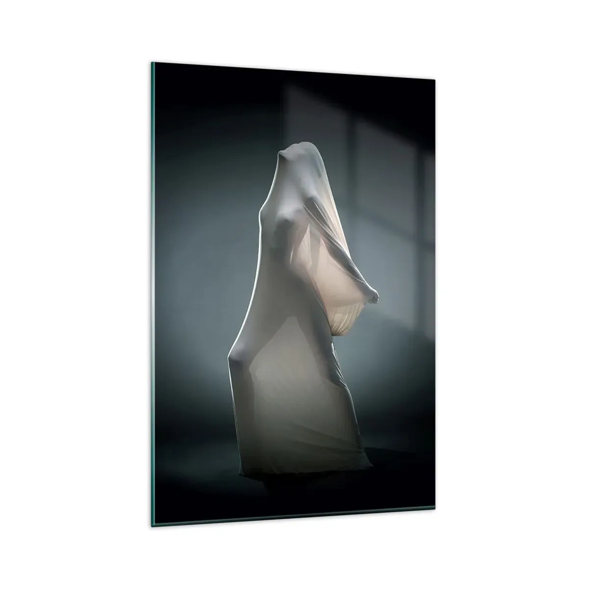 Glasbild - Bild auf glas - Eine Figur aus weißem Stoff auf dunklem Hintergrund - 80x120cm - Versteckte Wünsche - Moderne Wanddekoration für Wohnzimmer und Schlafzimmer ARTTOR