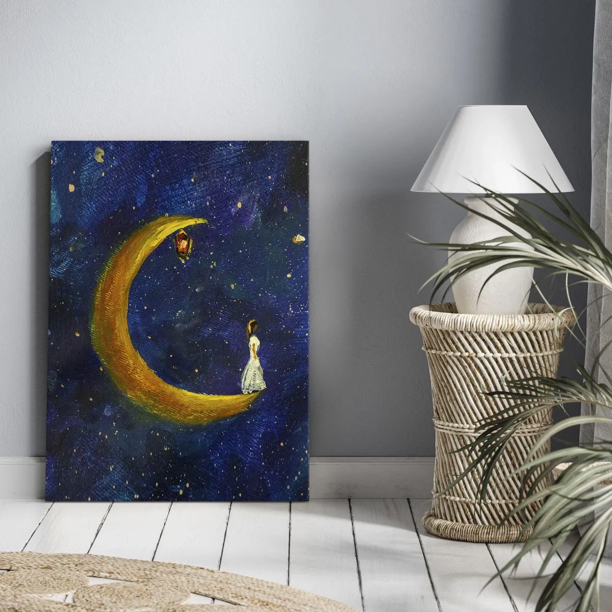 Bild auf Leinwand - Leinwandbild - Ein Mädchen steht auf dem Mond in einem Sternenhimmel - 50x70cm - Der Ruf der Welt - Moderne Wanddekoration für Wohnzimmer und Schlafzimmer ARTTOR