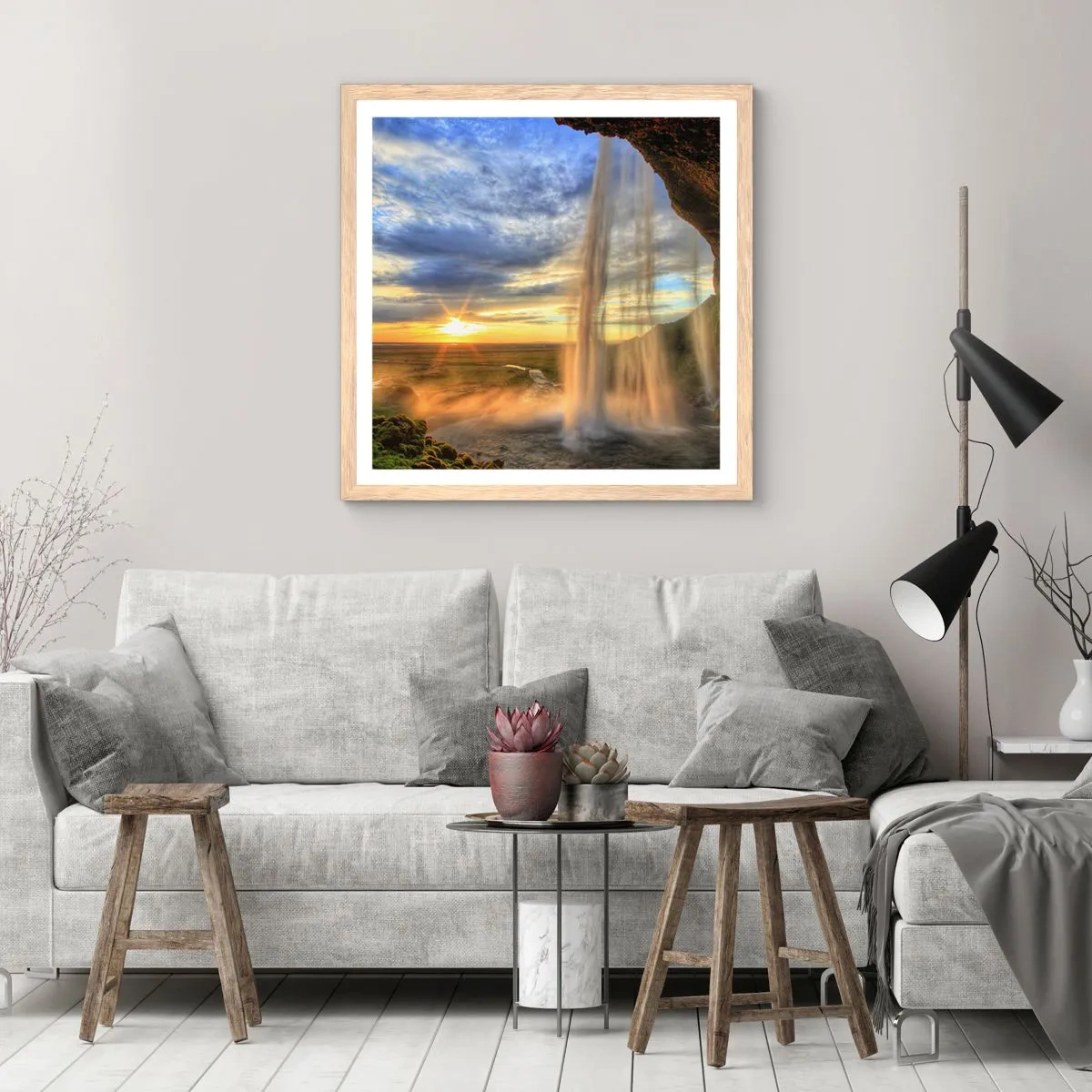 Poster in einem Rahmen aus heller Eiche - Die Welt hinter einem Schleier aus Tropfen - 60x60 cm