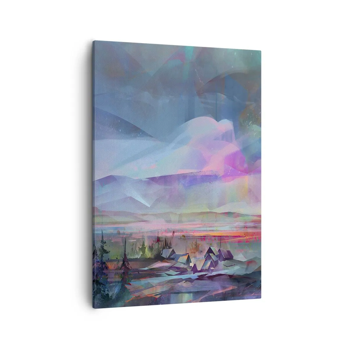 Bild auf Leinwand - Leinwandbild - Berglandschaft mit buntem Himmel und einem Dorf - 50x70cm - Unter einem wohlwollenden Himmel - Moderne Wanddekoration für Wohnzimmer und Schlafzimmer ARTTOR