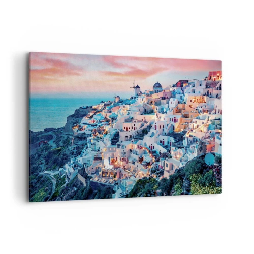 Bild auf Leinwand - Leinwandbild - Santorini bei Sonnenuntergang mit weißen Gebäuden auf dem Hügel - 120x80cm - Dein toller griechischer Urlaub - Moderne Wanddekoration für Wohnzimmer und Schlafzimmer ARTTOR