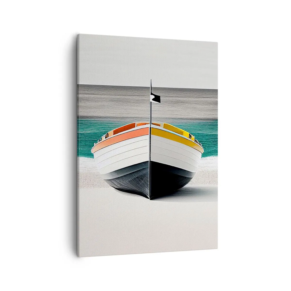 Bild auf Leinwand - Leinwandbild - Ein Boot am Strand mit türkisfarbenem Meer im Hintergrund - 50x70cm - An seinem Platz - Moderne Wanddekoration für Wohnzimmer und Schlafzimmer ARTTOR
