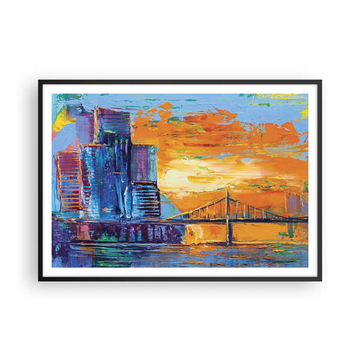 Poster in einem schwarzem Rahmen - Eine farbenfrohe Stadt mit einer Brücke in der untergehenden Sonne - 100x70cm - Kultur und Natur - Moderne Wanddekoration für Wohnzimmer und Schlafzimmer ARTTOR