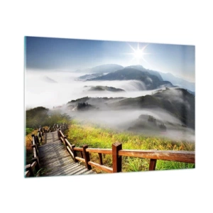Glasbild - Bild auf glas - Berglandschaft mit Nebel und einem Holzweg bei Sonnenaufgang - 100x70cm - Gewebt aus Lichtschein und Nebel - Moderne Wanddekoration für Wohnzimmer und Schlafzimmer ARTTOR
