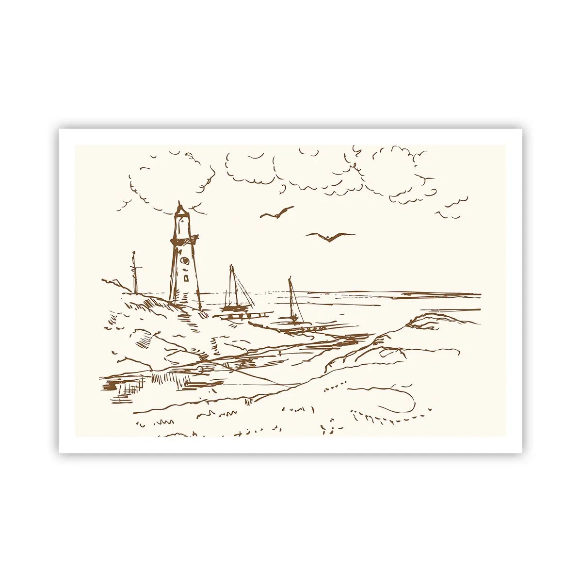 Poster - Skizze eines Leuchtturms mit Blick auf das Meer - 100x70cm - Ein Überblick über die Erinnerungen an den Sommer - Moderne Wanddekoration für Wohnzimmer und Schlafzimmer ARTTOR