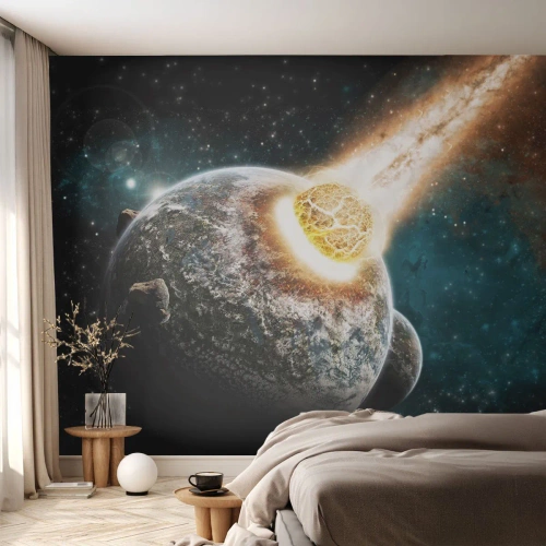Fototapete Premium Sand - Kollision eines Meteoriten mit einem Planeten im Weltraum - 100x70cm - Holocaust oder Geburt? - Moderne Wanddekoration für Wohnzimmer und Schlafzimmer ARTTOR