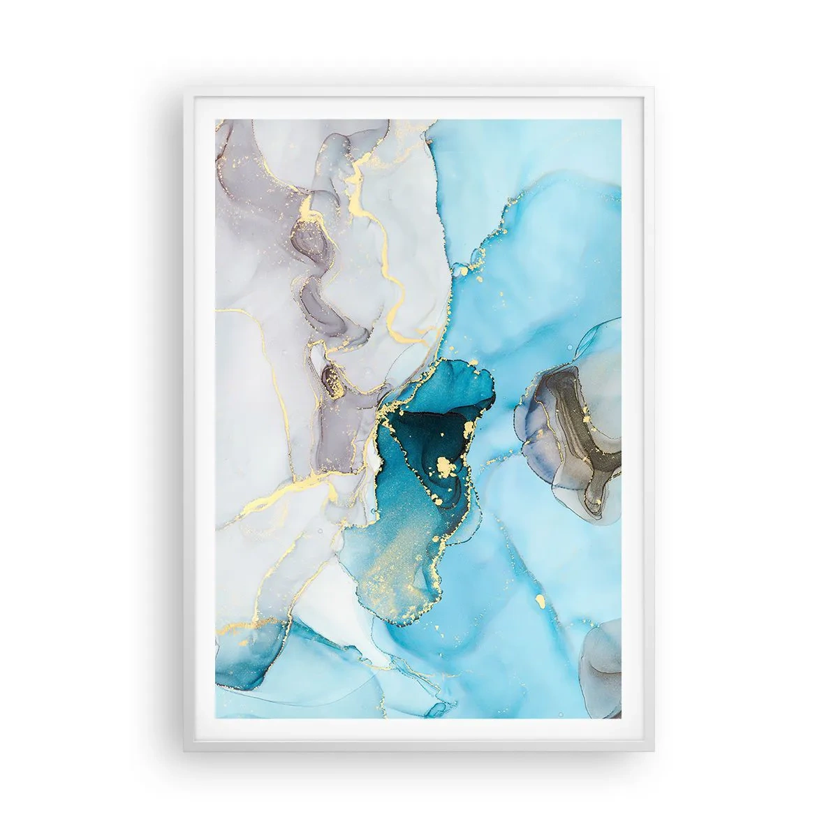 Poster in einem weißen Rahmen - Eine Studie über das Zusammentreffen von Grau und Türkis - 70x100 cm