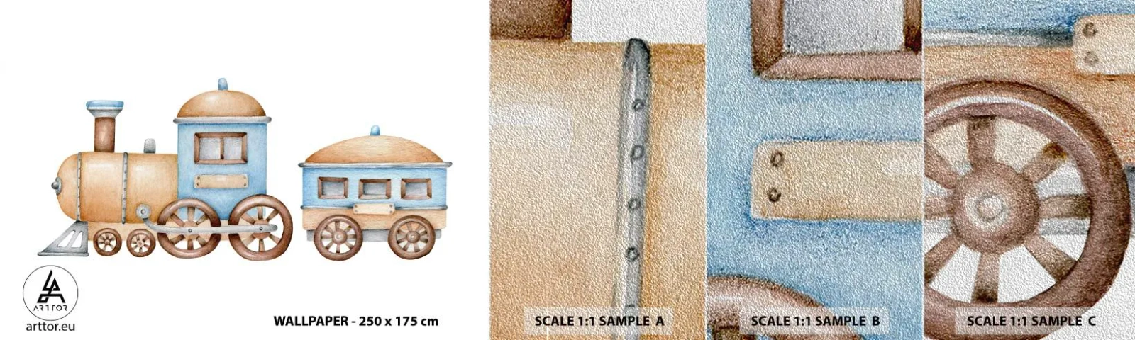 Fototapeten Muster Premium Sand - Am Bahnhof steht ... - Kinder, Zug, Retro - 100x30 cm