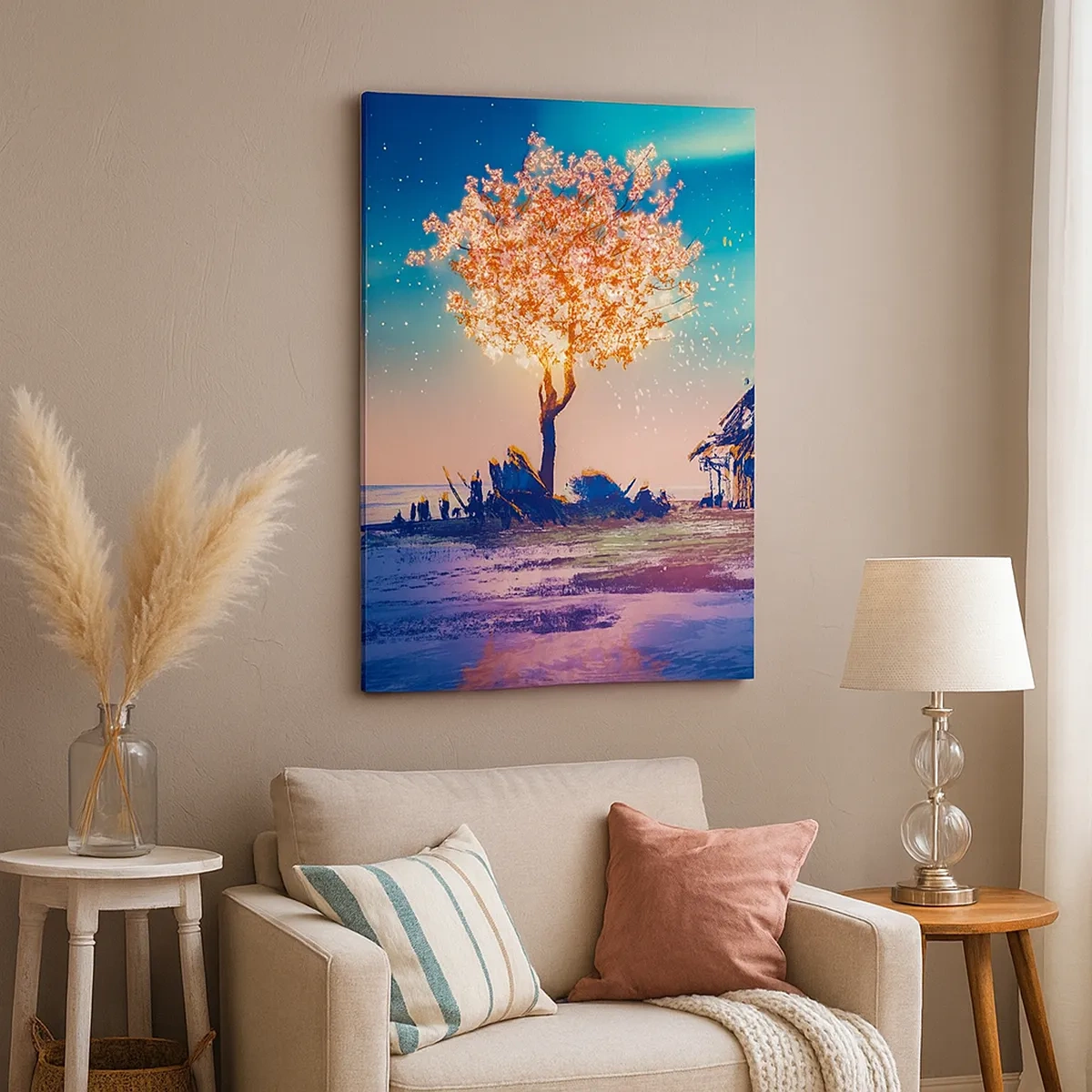 Bild auf Leinwand - Leinwandbild - Ein Haus und ein blühender Baum unter dem Nachthimmel - 50x70cm - Die Natur vergeht nicht - Moderne Wanddekoration für Wohnzimmer und Schlafzimmer ARTTOR
