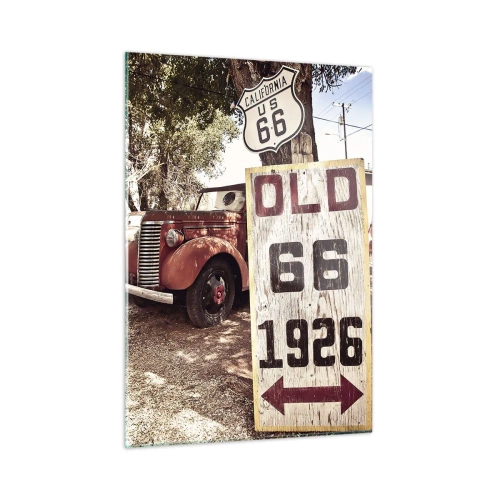 Glasbild - Bild auf glas - Oldtimer und Retro-Route 66-Schild - 50x70cm - Die Legende der amerikanischen Provinz - Moderne Wanddekoration für Wohnzimmer und Schlafzimmer ARTTOR