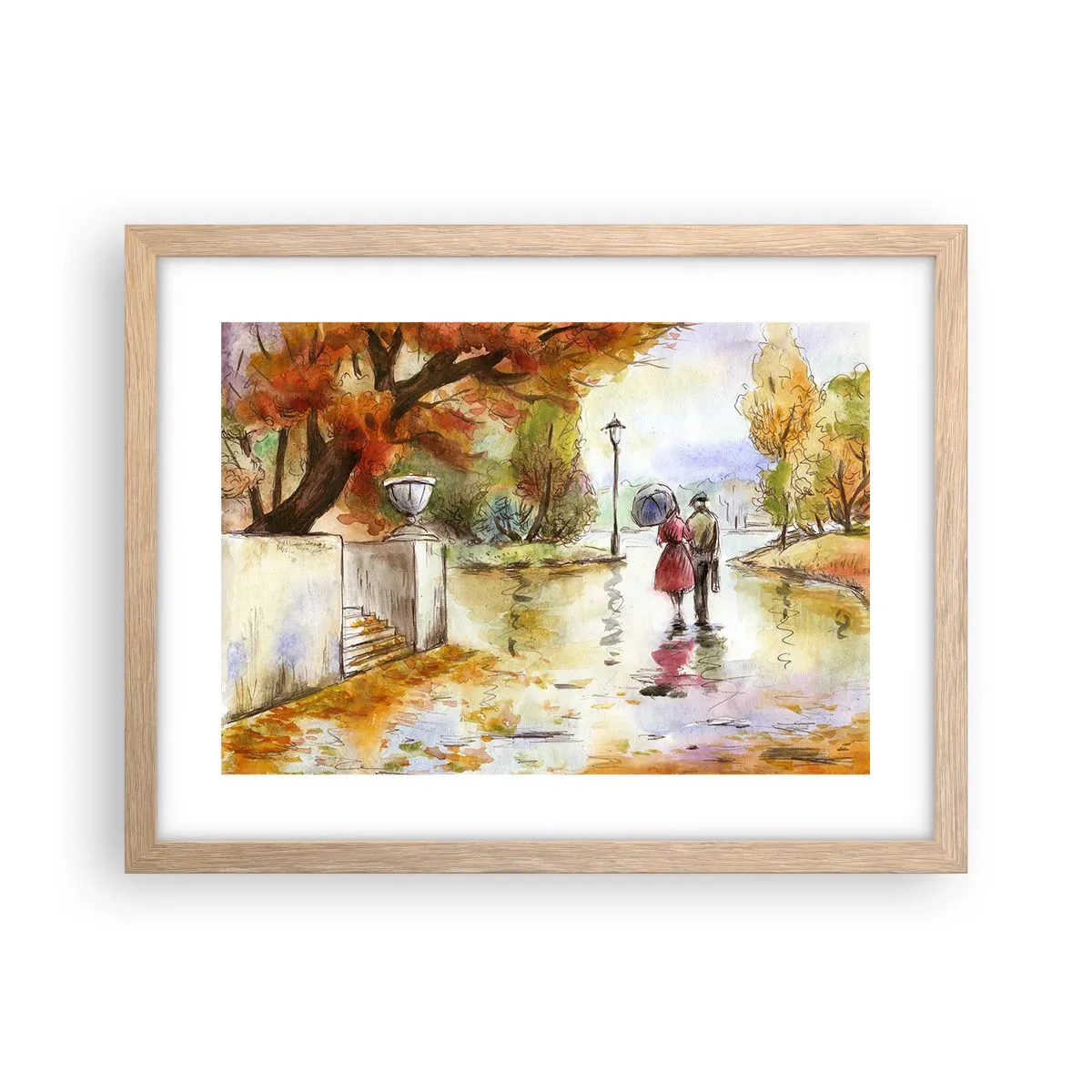 Poster in einem Rahmen aus heller Eiche - Romantischer Herbst im Park - 40x30 cm