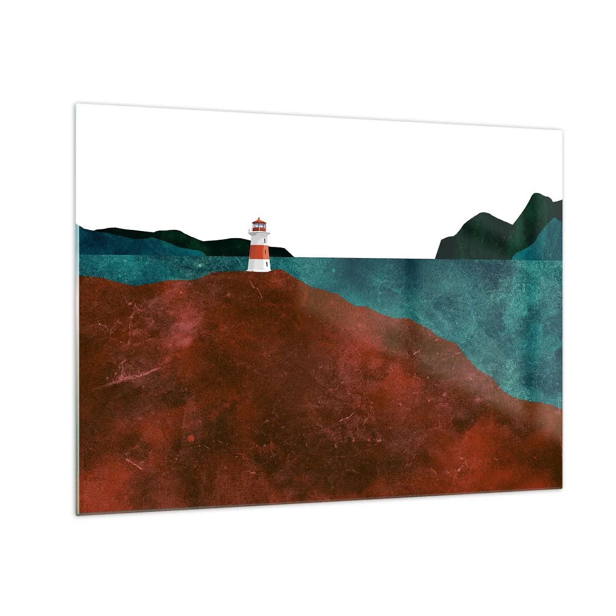 Glasbild - Bild auf glas - Ein Leuchtturm vor der Kulisse eines türkisfarbenen Meeres und roter Klippen - 70x50cm - Aufs Meer starren - Moderne Wanddekoration für Wohnzimmer und Schlafzimmer ARTTOR