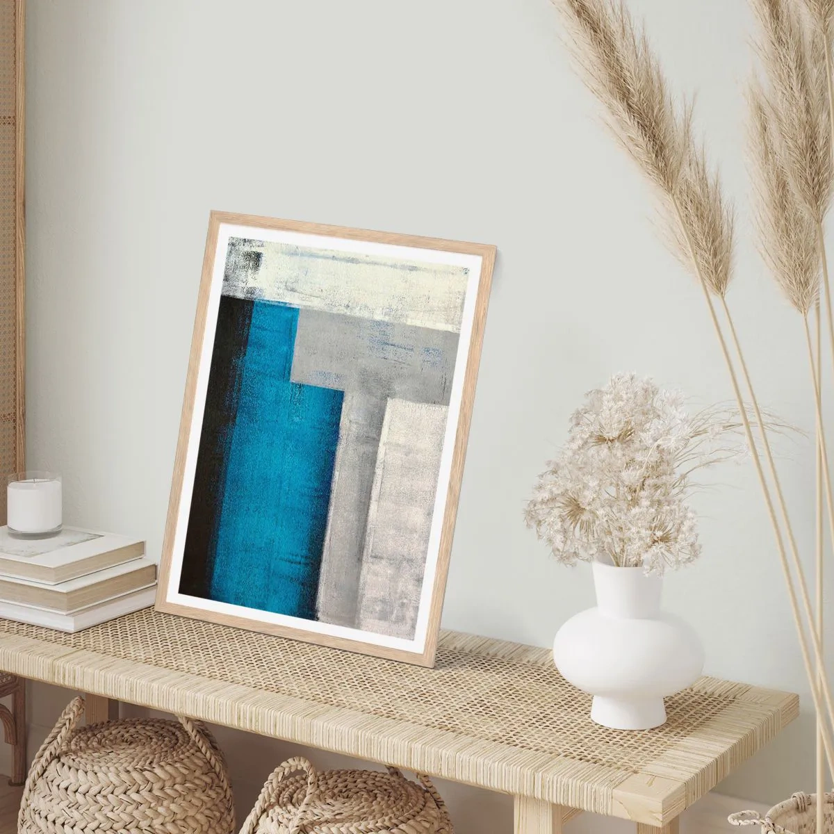 Poster in einem Rahmen aus heller Eiche - Poetische Komposition aus Grau und Blau - 61x91 cm