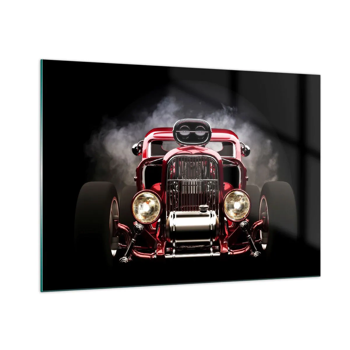 Glasbild - Bild auf glas - Roter Hot Rod in dichtem Rauch - 100x70cm - Schnell und wahnsinnig schön - Moderne Wanddekoration für Wohnzimmer und Schlafzimmer ARTTOR