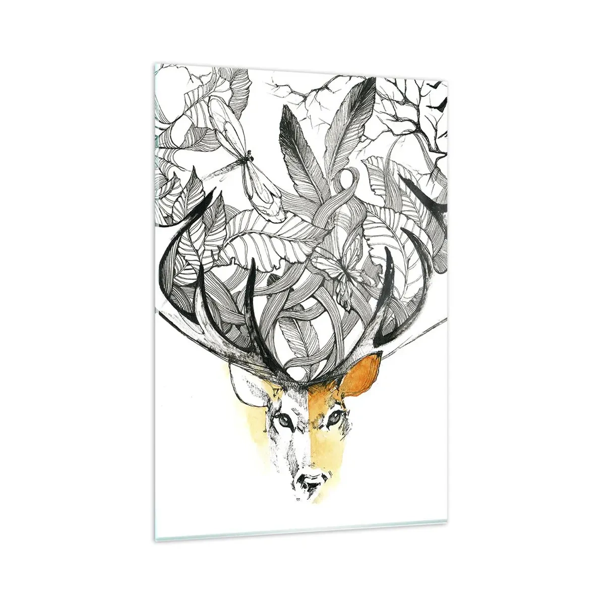 Glasbild - Bild auf glas - Dezente Hirschgrafik mit dekorativem Geweih - 80x120cm - Ecken des Überflusses - Moderne Wanddekoration für Wohnzimmer und Schlafzimmer ARTTOR