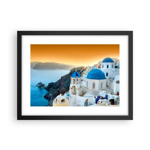 Poster in einem schwarzem Rahmen - Santorini - an die Felsen gekuschelt - 40x30 cm