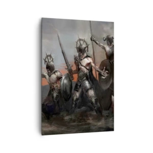 Bild auf Leinwand - Leinwandbild - Eine Gruppe von Kriegern in Rüstung mit Speeren vor dem Hintergrund des Sonnenuntergangs - 70x100cm - Mit oder auf einem Schild - Moderne Wanddekoration für Wohnzimmer und Schlafzimmer ARTTOR