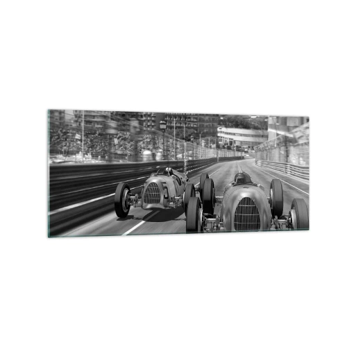 Glasbild - Bild auf glas - Monochrome Retro-Autorennen-Szene - 120x50cm - Vor langer Zeit in Monte Carlo - Moderne Wanddekoration für Wohnzimmer und Schlafzimmer ARTTOR
