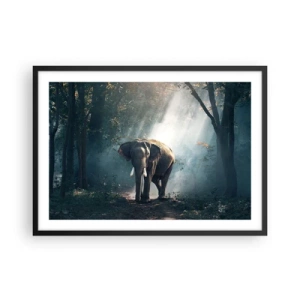 Poster in einem schwarzem Rahmen - Elefant im Waldlicht - 70x50cm - Ein gemütlicher Spaziergang - Moderne Wanddekoration für Wohnzimmer und Schlafzimmer ARTTOR