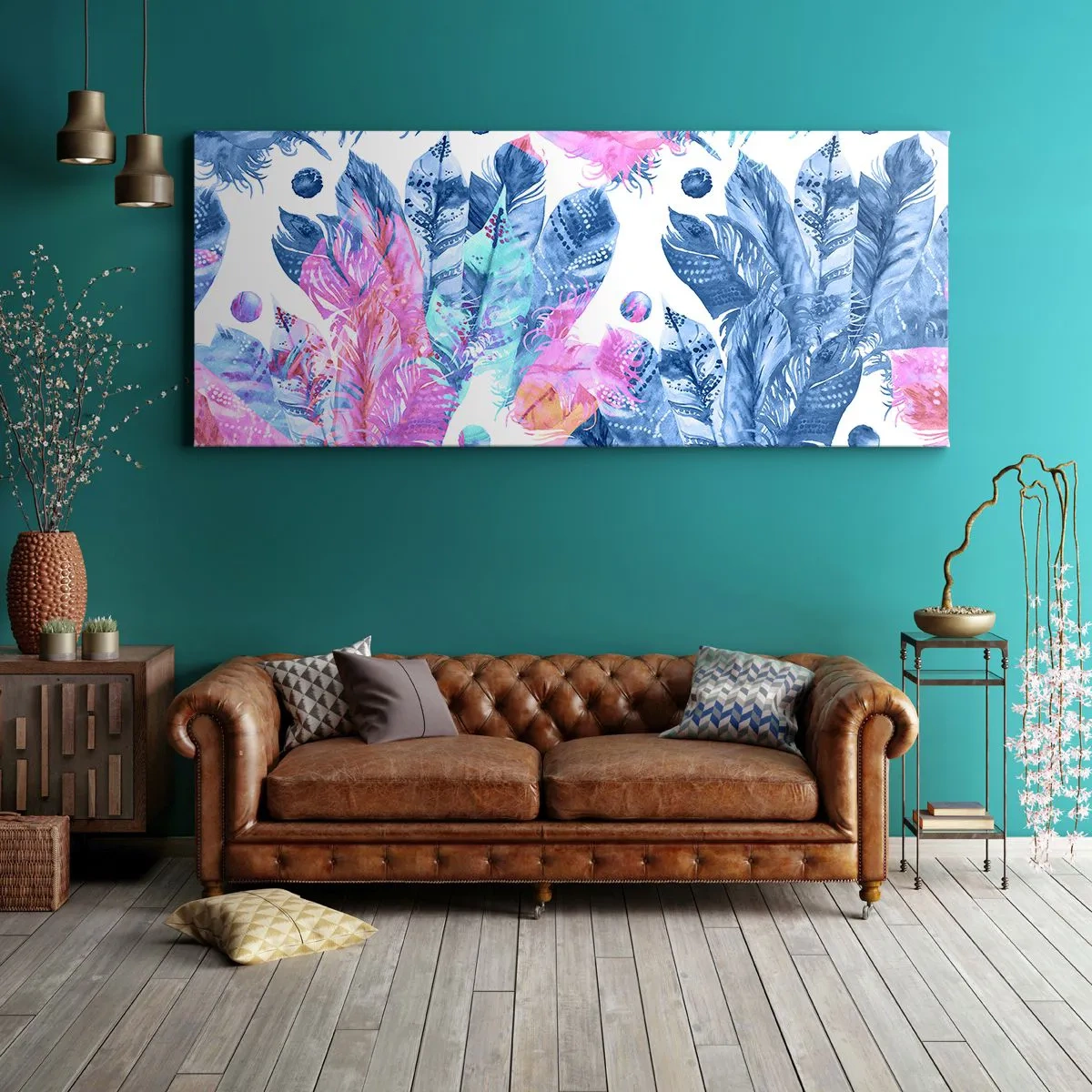 Bild auf Leinwand - Leinwandbild - Abstraktes Muster mit bunten Federn in Pastelltönen - 120x50cm - Pflaumen in Pink und Blau - Moderne Wanddekoration für Wohnzimmer und Schlafzimmer ARTTOR