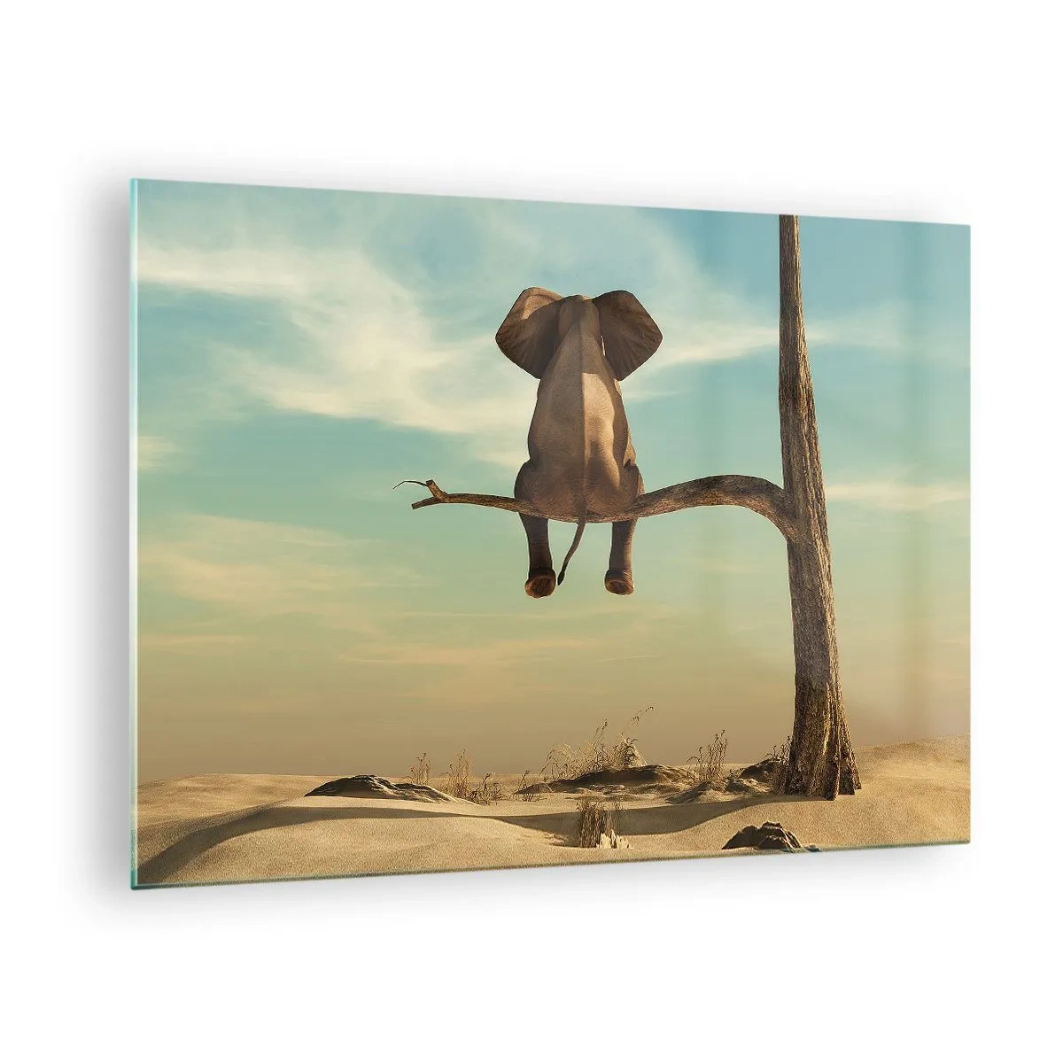 Glasbild - Bild auf glas - Ein Elefant auf einem Ast in einer surrealen Umgebung - 70x50cm - Neuer Blickwinkel - Moderne Wanddekoration für Wohnzimmer und Schlafzimmer ARTTOR