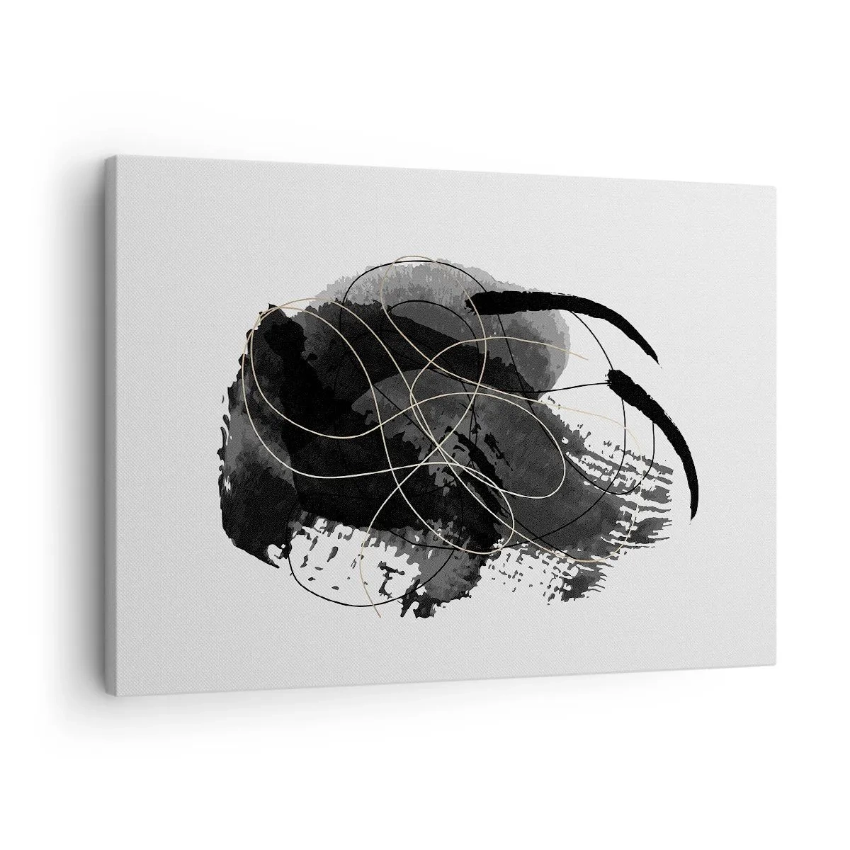 Bild auf Leinwand - Leinwandbild - Abstraktion in Schwarz und Gold auf weißem Hintergrund - 70x50cm - Aus Schwarz entstanden - Moderne Wanddekoration für Wohnzimmer und Schlafzimmer ARTTOR