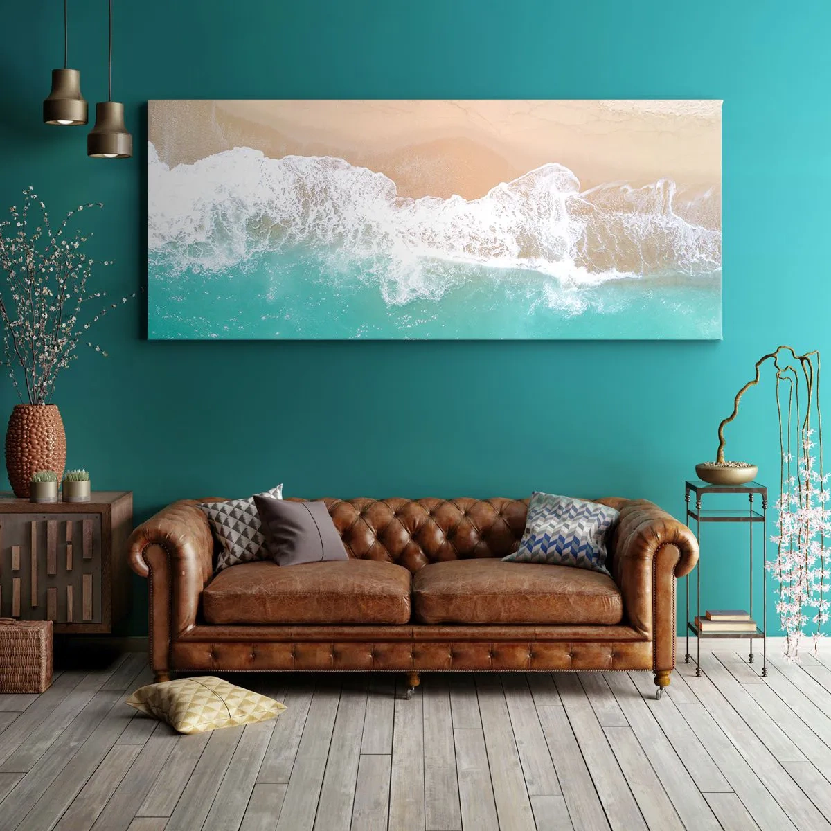 Bild auf Leinwand - Leinwandbild - Eine Vogelperspektive auf einen Strand mit türkisfarbenem Wasser und sanften Wellen - 140x50cm - Eine streichelnde Berührung - Moderne Wanddekoration für Wohnzimmer und Schlafzimmer ARTTOR