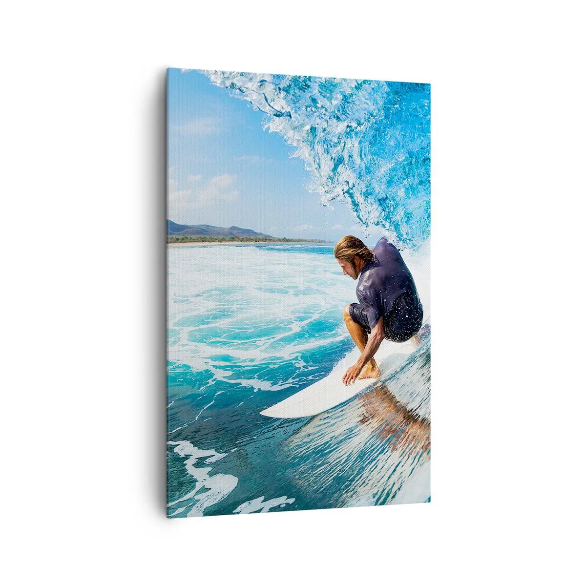 Bild auf Leinwand - Leinwandbild - Ein Surfer in dynamischer Pose auf einer Welle im türkisfarbenen Wasser. - 80x120cm - Tanzen mit den Wellen - Moderne Wanddekoration für Wohnzimmer und Schlafzimmer ARTTOR