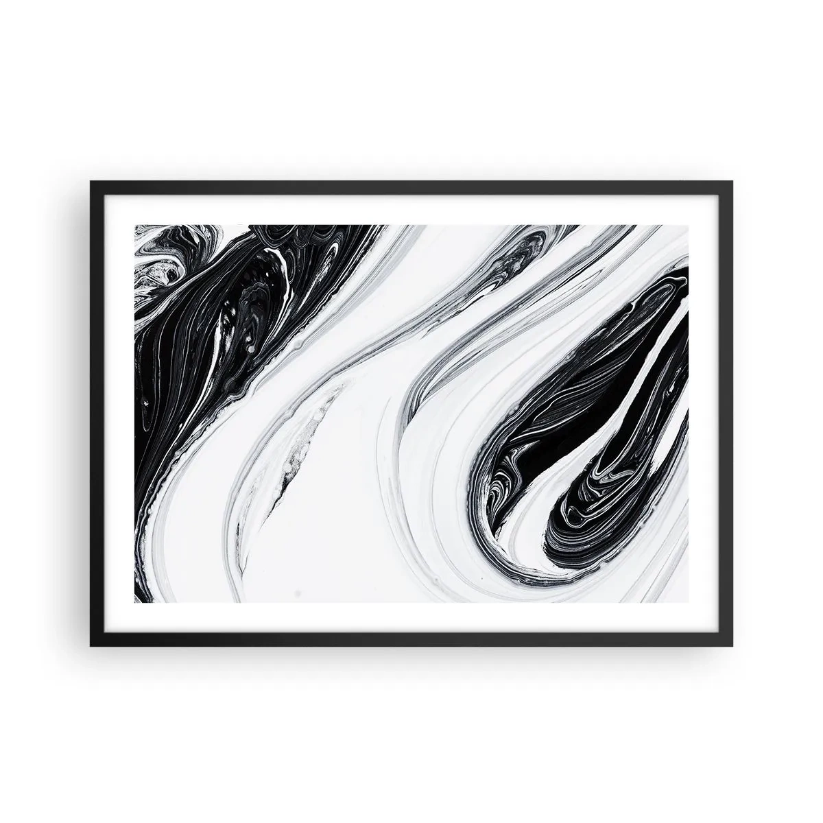 Poster in einem schwarzem Rahmen - Schwarz-Weiß-Abstraktion mit dynamischen Linien und Wirbeln - 70x50cm - Kombination aus Gegensätzen - Moderne Wanddekoration für Wohnzimmer und Schlafzimmer ARTTOR