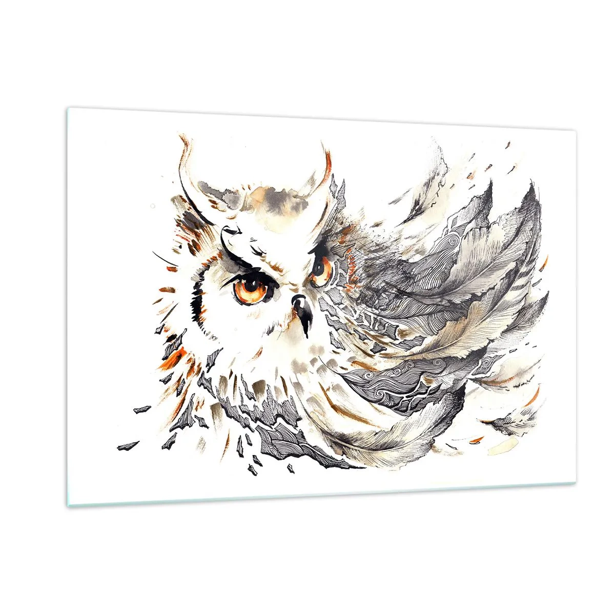 Glasbild - Bild auf glas - Eine Eule mit kunstvollen Federn in Orange- und Grautönen. - 120x80cm - Sie kam aus der Welt der Magie - Moderne Wanddekoration für Wohnzimmer und Schlafzimmer ARTTOR