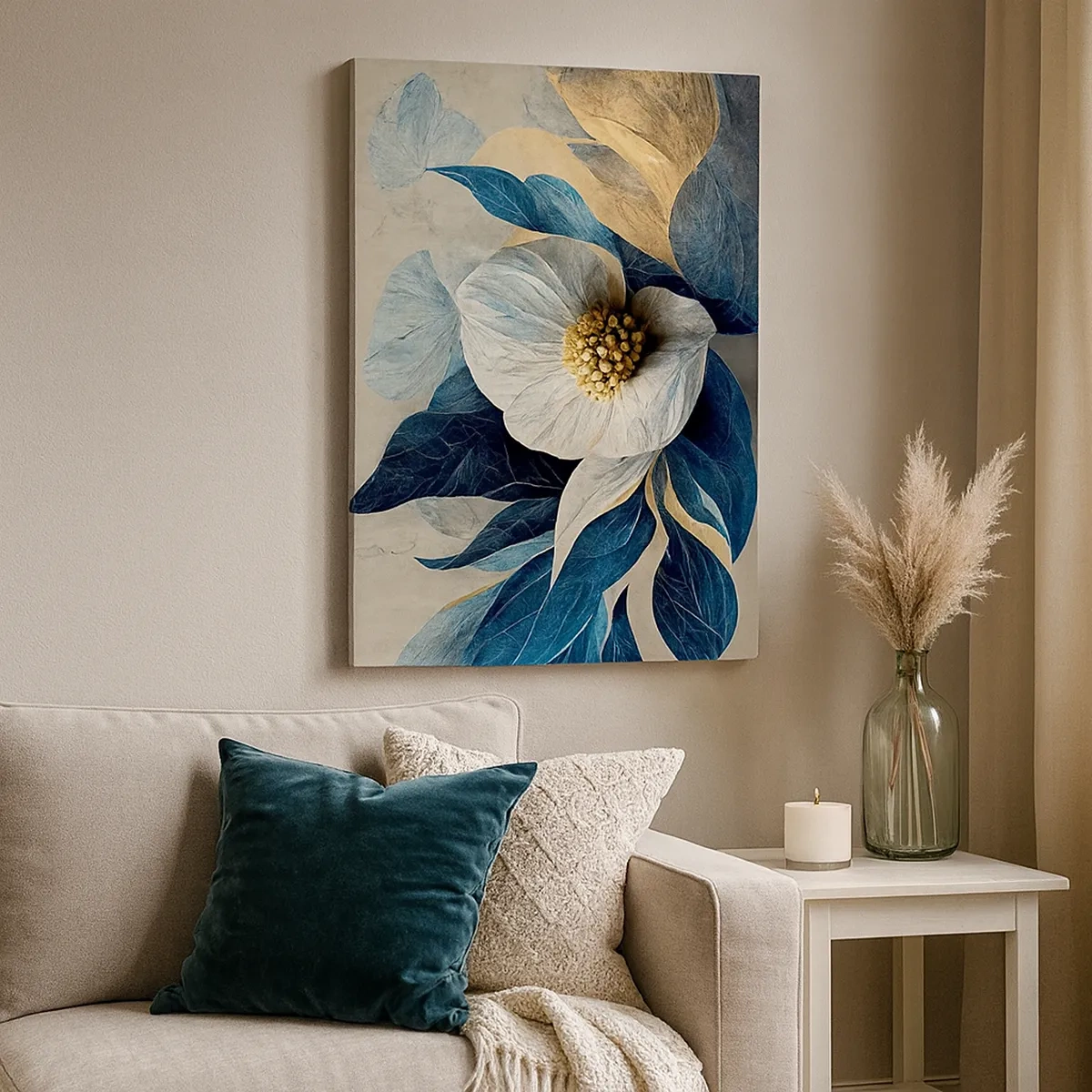 Bild auf Leinwand - Leinwandbild - Eine Blume mit blauen Blättern auf einem eleganten Hintergrund - 50x70cm - Er hat ein Herz aus Gold - Moderne Wanddekoration für Wohnzimmer und Schlafzimmer ARTTOR