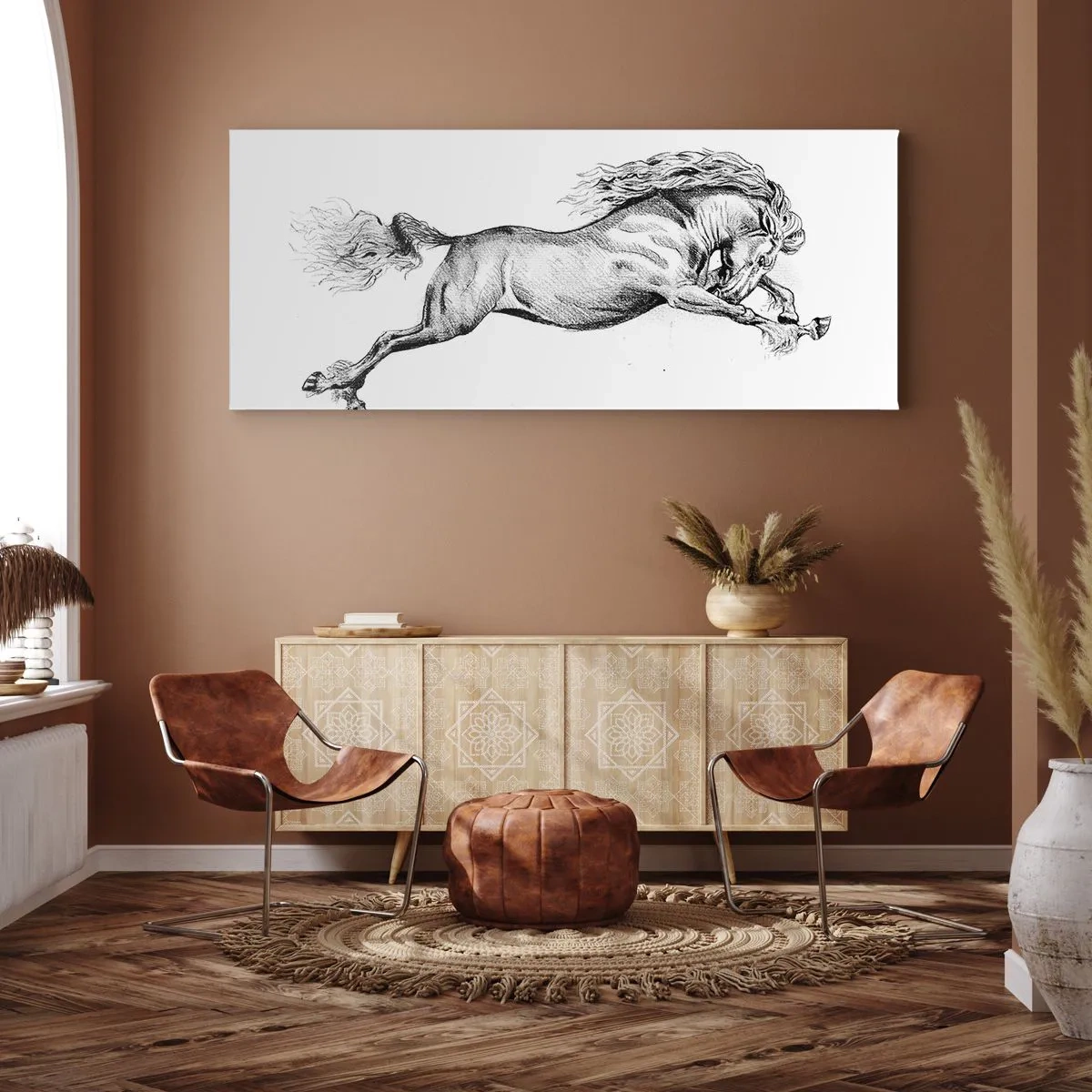 Bild auf Leinwand - Leinwandbild - Skizze eines Pferdes im dynamischen Galopp auf weißem Hintergrund - 140x50cm - Im Galopp festgehalten - Moderne Wanddekoration für Wohnzimmer und Schlafzimmer ARTTOR