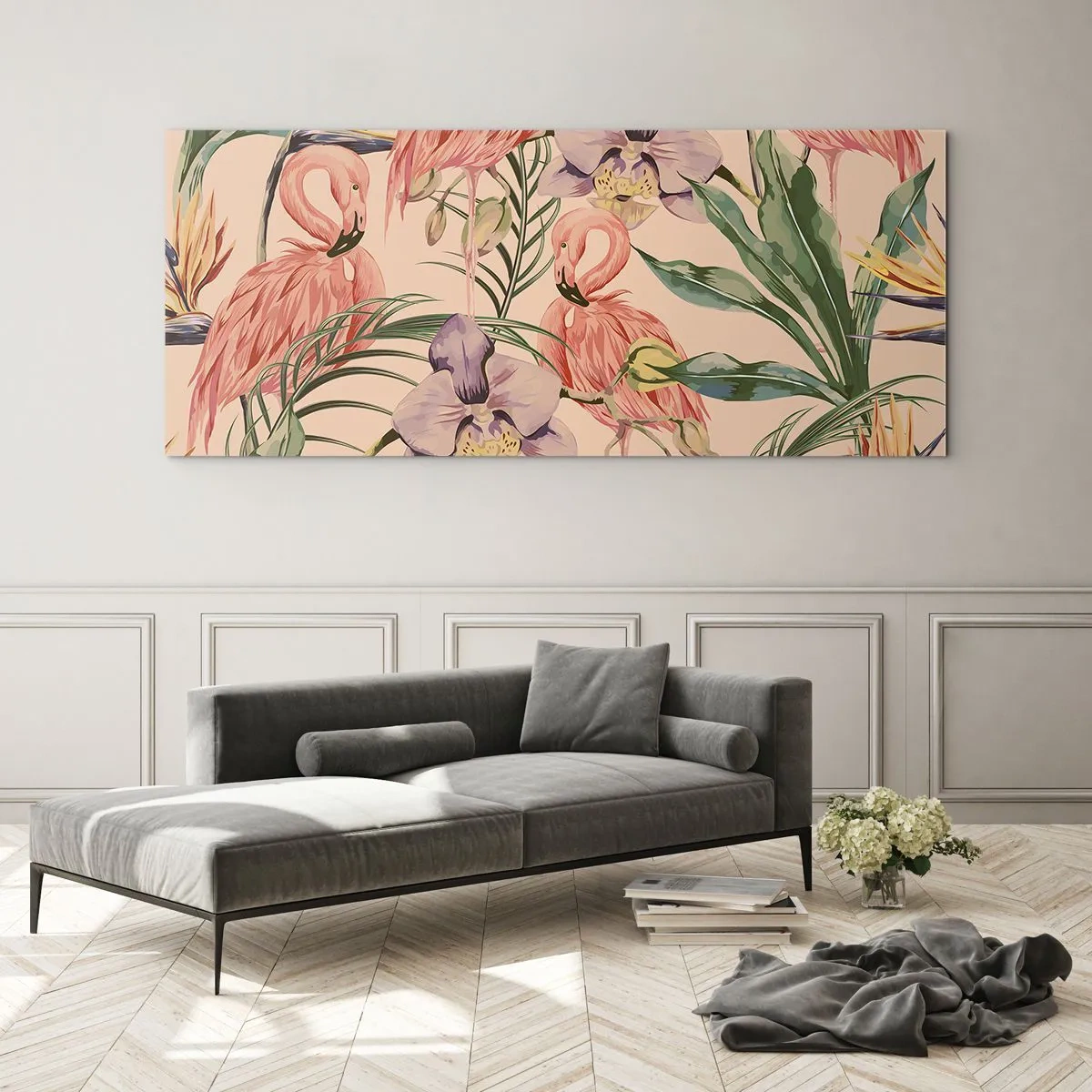 Glasbild - Bild auf glas - Flamingos und tropische Blumen auf hellem Hintergrund - 140x50cm - Rosa Ballett in Blumen - Moderne Wanddekoration für Wohnzimmer und Schlafzimmer ARTTOR