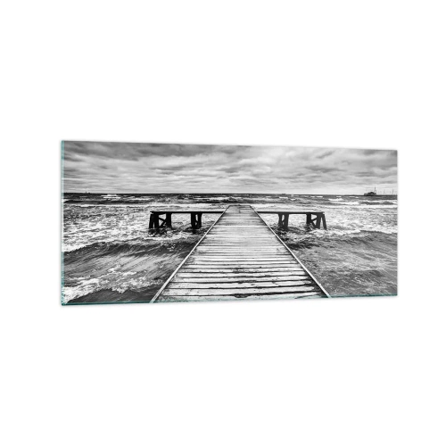 Glasbild - Bild auf glas - Eine Schwarz-Weiß-Ansicht eines Holzstegs über einer stürmischen See. - 120x50cm - Ich warte darauf, dass der Wind wegjagt... - Moderne Wanddekoration für Wohnzimmer und Schlafzimmer ARTTOR