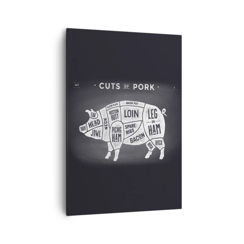 Bild auf Leinwand - Leinwandbild - Diagramm von Schweinefleischstücken auf schwarzem Hintergrund - 70x100cm - Metzger Grundierung - Moderne Wanddekoration für Wohnzimmer und Schlafzimmer ARTTOR