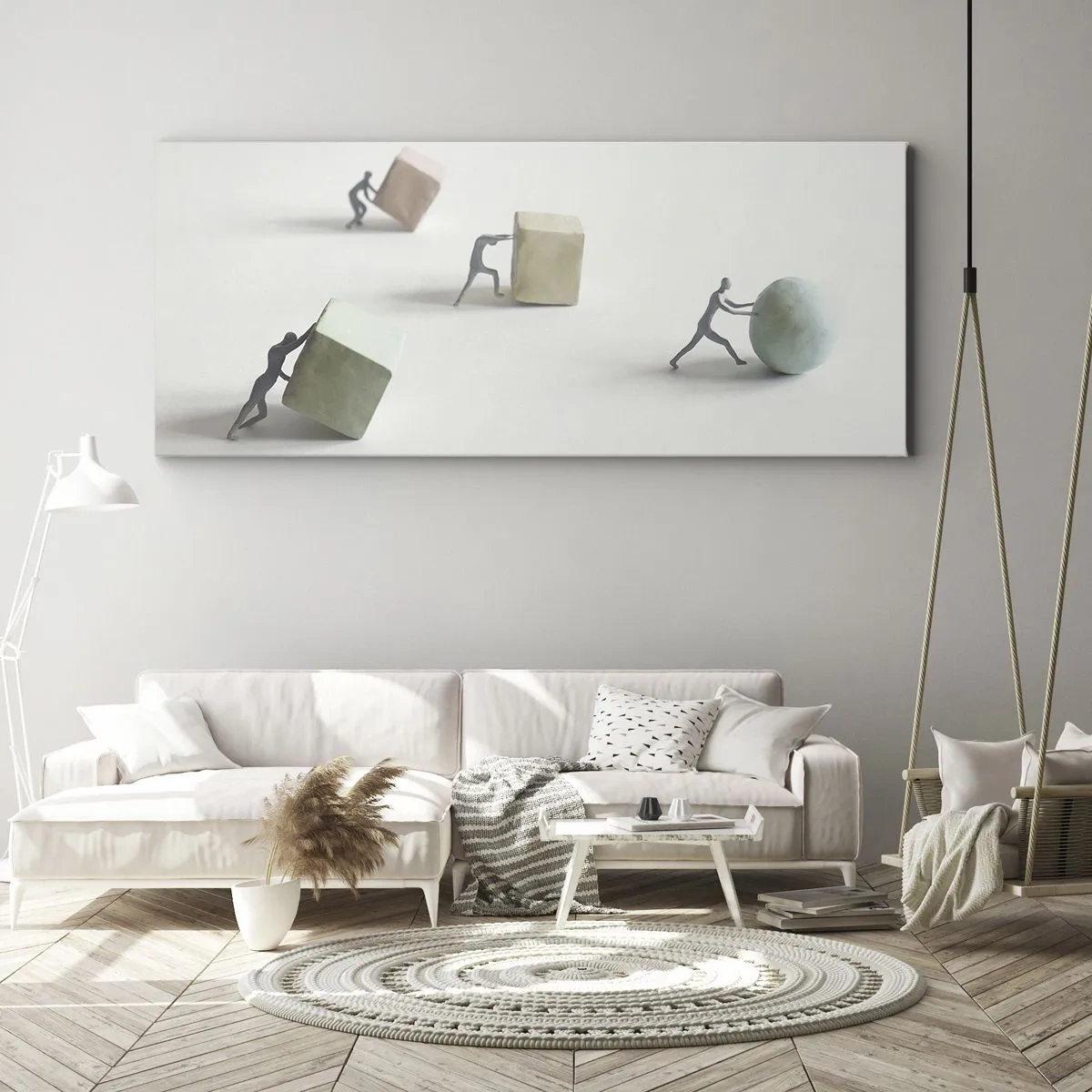 Bild auf Leinwand - Leinwandbild - Miniaturfiguren, die Formen vor einem hellen Hintergrund schieben - 140x50cm - Pures Leben - Moderne Wanddekoration für Wohnzimmer und Schlafzimmer ARTTOR