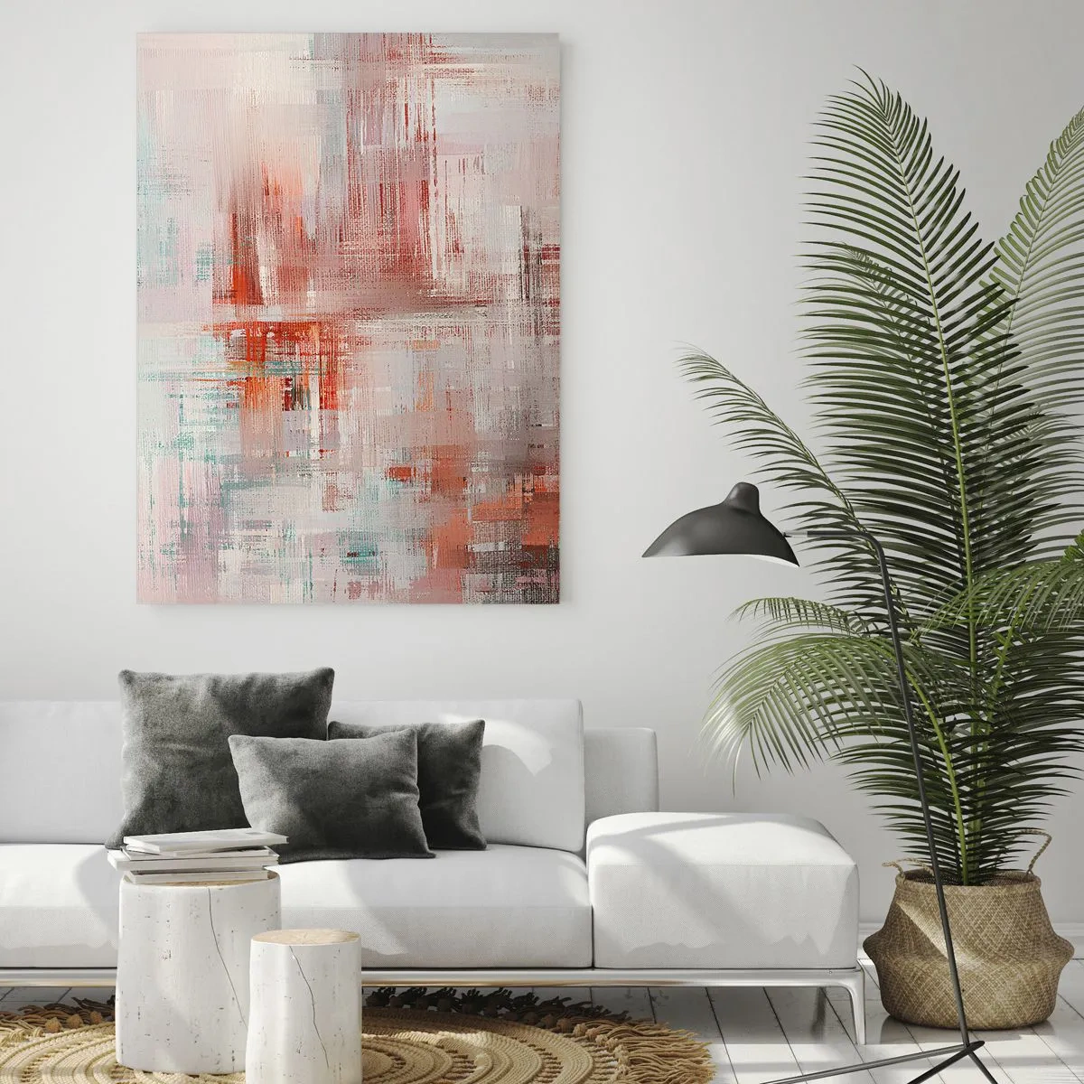 Glasbild - Bild auf glas - Eine abstrakte Komposition in Rot- und Beigetönen. - 50x70cm - Dunstig. Aber rosa - Moderne Wanddekoration für Wohnzimmer und Schlafzimmer ARTTOR