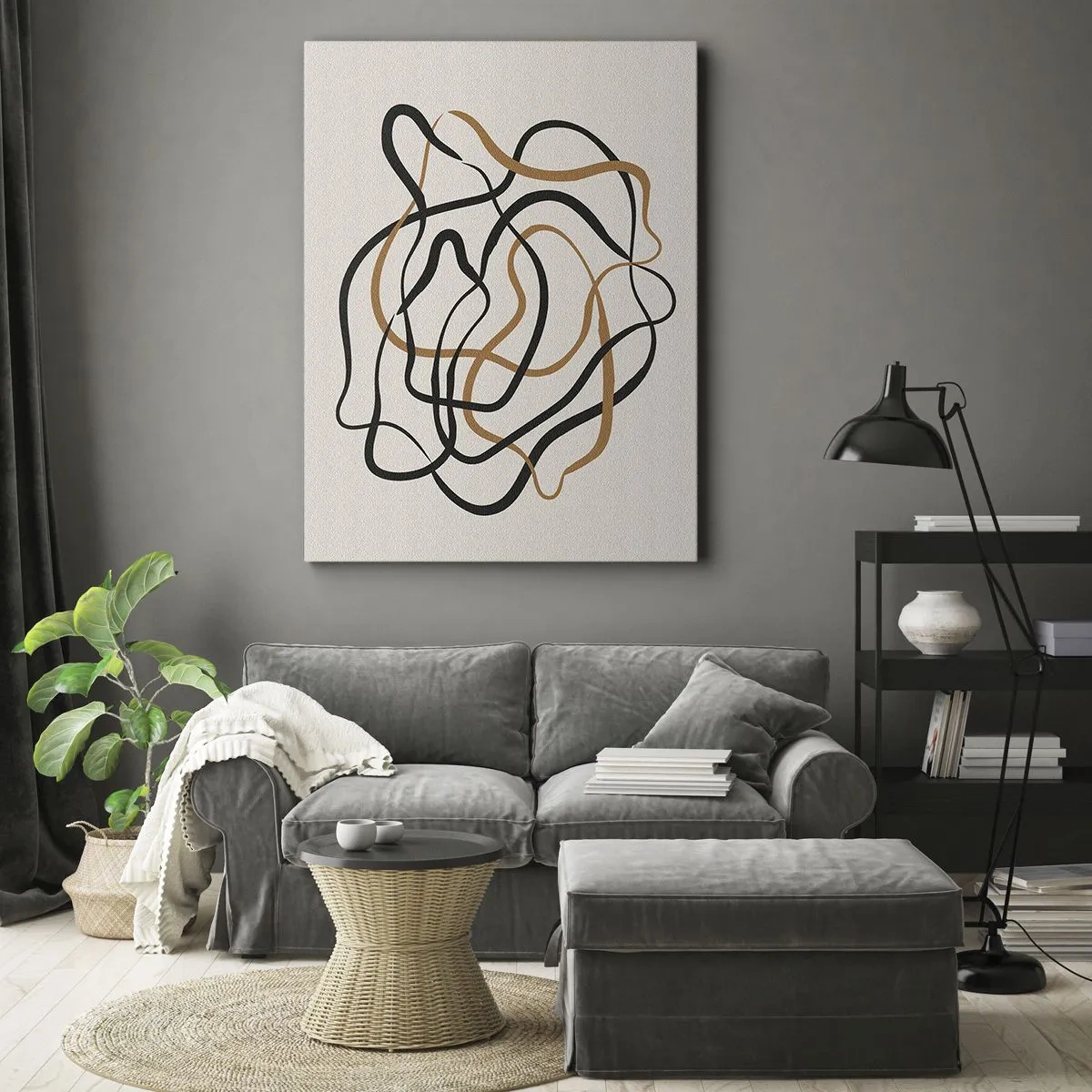 Bild auf Leinwand - Leinwandbild - Verworrene Linien in Schwarz und Gold auf hellem Hintergrund - 70x100cm - Alles ging schief - Moderne Wanddekoration für Wohnzimmer und Schlafzimmer ARTTOR