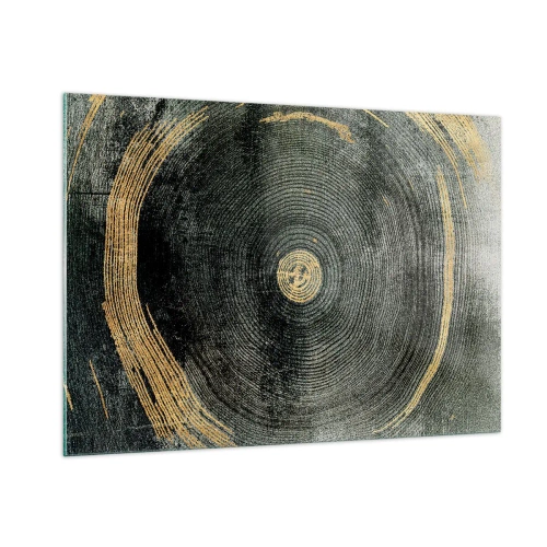 Glasbild - Bild auf glas - Querschnitt eines Baumstammes mit Details und goldenen Akzenten - 100x70cm - Veränderung und Beständigkeit - Moderne Wanddekoration für Wohnzimmer und Schlafzimmer ARTTOR