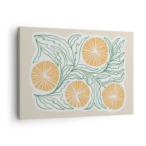 Bild auf Leinwand - Leinwandbild - Ein minimalistisches orangefarbenes Motiv mit grünen Blättern - 70x50cm - Ethnisch mit einem Hauch von Abstraktion - Moderne Wanddekoration für Wohnzimmer und Schlafzimmer ARTTOR