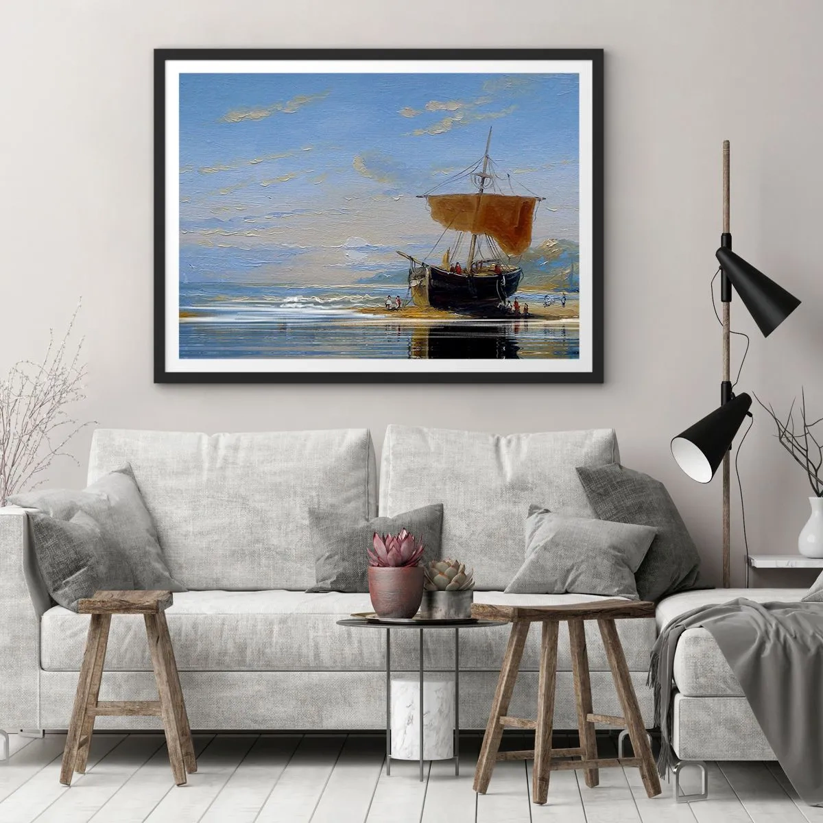 Poster in einem schwarzem Rahmen - Ein Schiff an der Küste an einem sonnigen Tag - 70x50cm - Wasser, Land, Luft - Moderne Wanddekoration für Wohnzimmer und Schlafzimmer ARTTOR