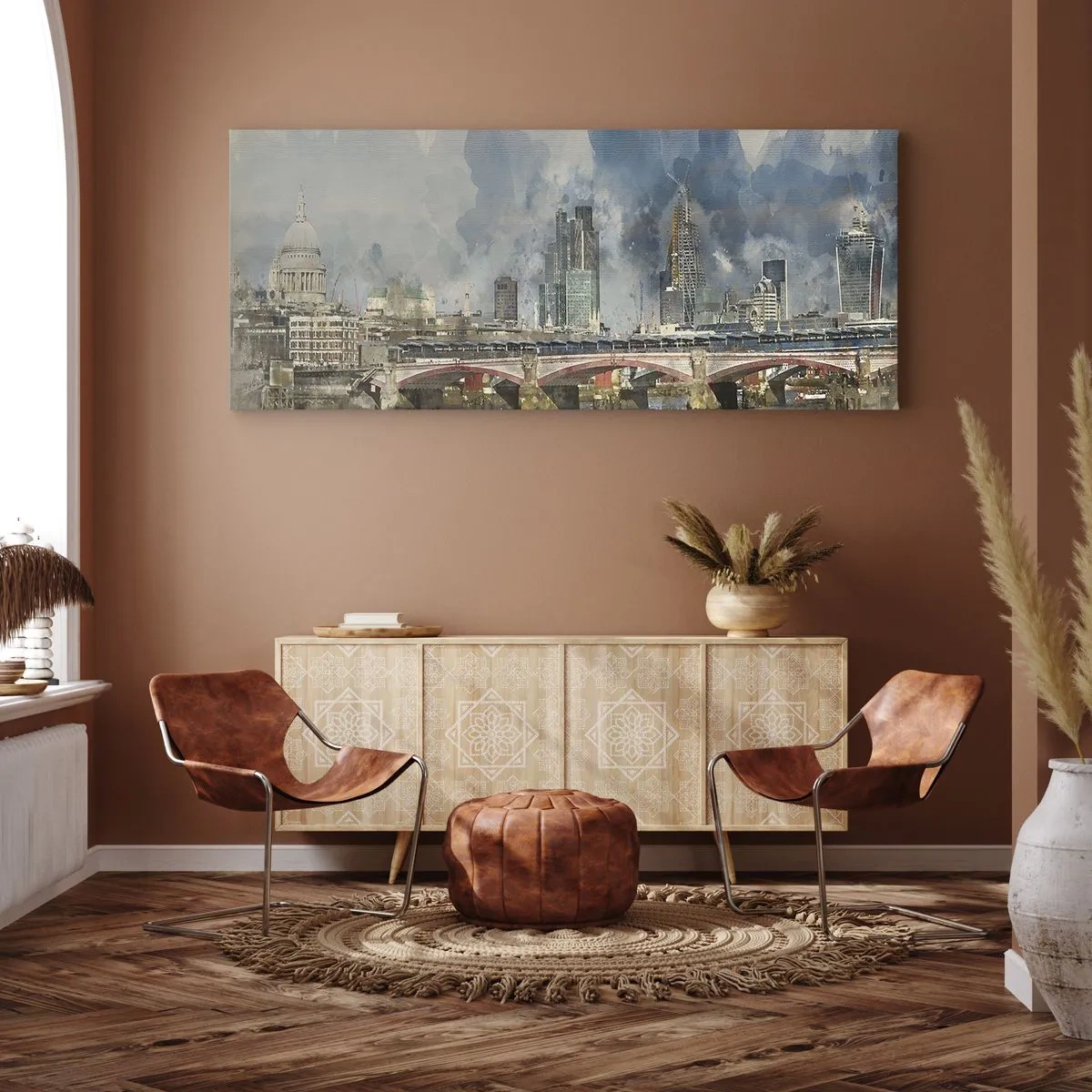 Bild auf Leinwand - Leinwandbild - Aquarellansicht der Brücke und der Skyline der Stadt - 120x50cm - London in seiner ganzen Pracht - Moderne Wanddekoration für Wohnzimmer und Schlafzimmer ARTTOR