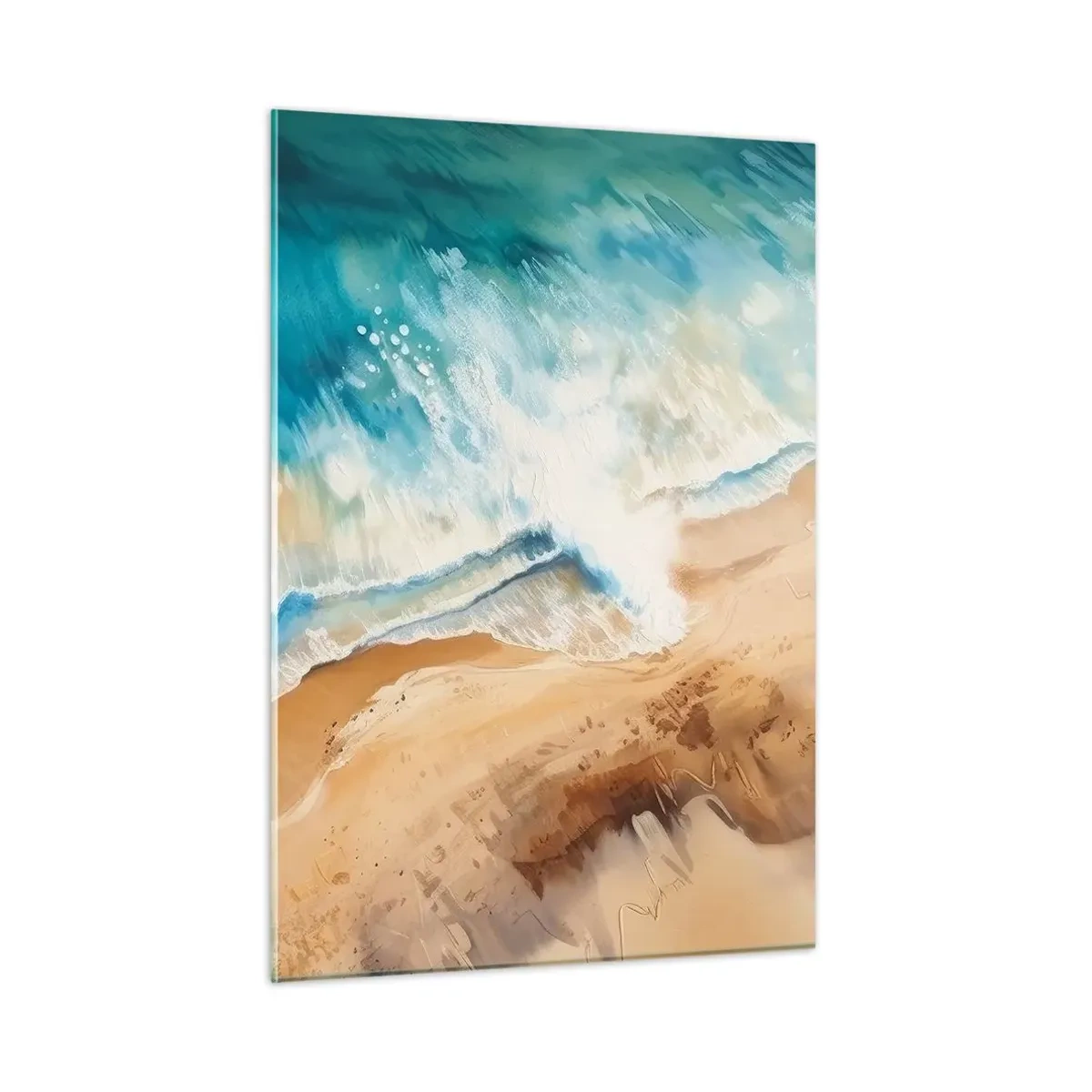 Glasbild - Bild auf glas - Eine Vogelperspektive einer blauen Meereswelle, die gegen ein sandiges Ufer prallt - 50x70cm - Zurückkehrende Welle - Moderne Wanddekoration für Wohnzimmer und Schlafzimmer ARTTOR
