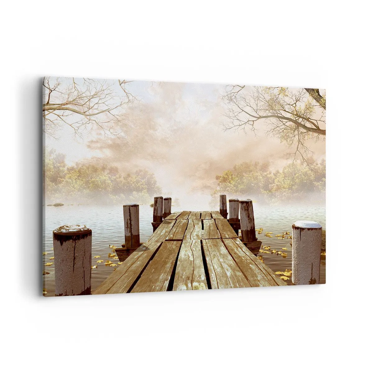Bild auf Leinwand - Leinwandbild - Ein Holzsteg, der im Morgennebel auf einen ruhigen See führt - 100x70cm - Die milde Traurigkeit des Herbstes - Moderne Wanddekoration für Wohnzimmer und Schlafzimmer ARTTOR