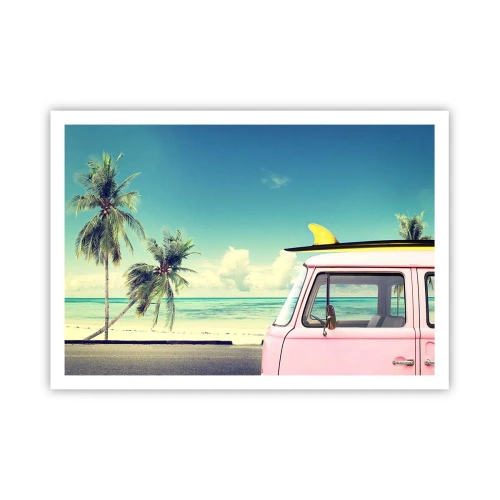 Poster - Ein rosafarbener Van mit einem Surfbrett vor einem tropischen Strand. - 100x70cm - Zeit um in die Ferien zu starten - Moderne Wanddekoration für Wohnzimmer und Schlafzimmer ARTTOR