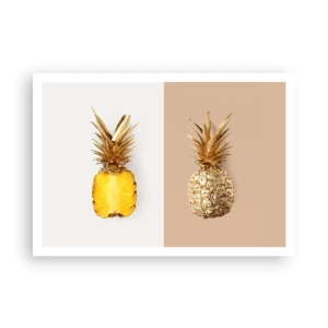 Poster - Eine halbe frische, goldene Ananas auf kontrastierendem Hintergrund - 100x70cm - Ananas für uns - Moderne Wanddekoration für Wohnzimmer und Schlafzimmer ARTTOR